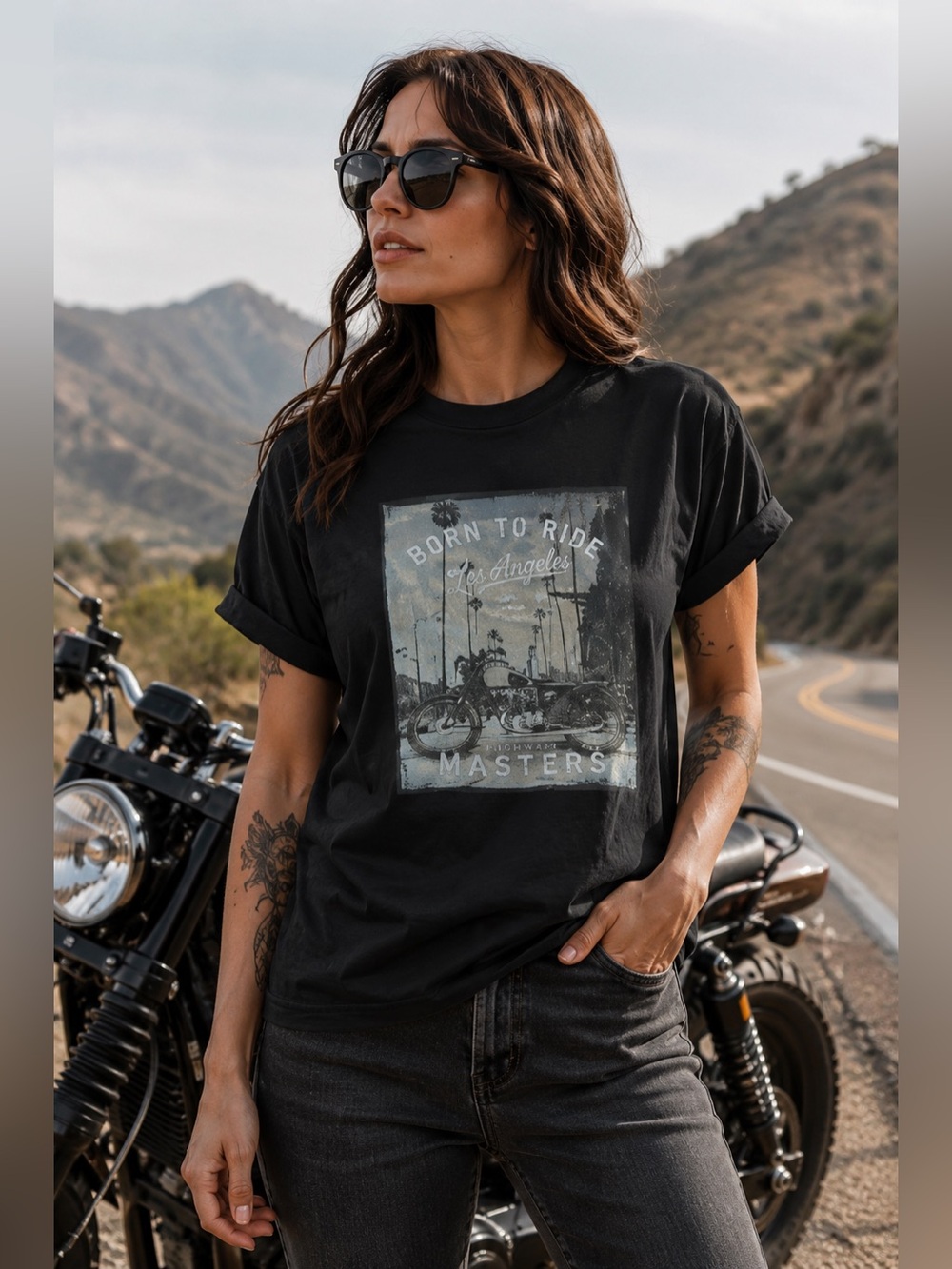 Unisex “Born to Ride” Graphic Motorcycle Tee Black Beige Biker Shirt Sz L